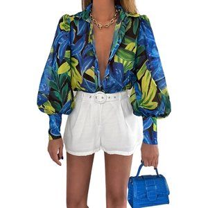 Zeagoo Womens Shirts Button Down Blouses Printed Lantern Long Sleeve Blouse